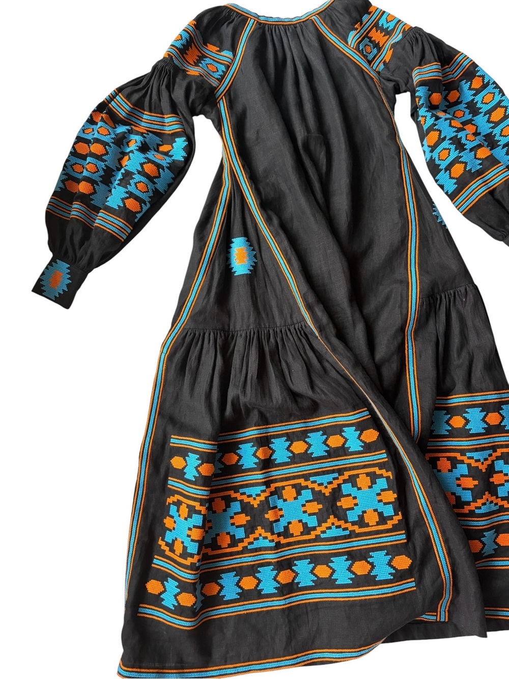 100% Linen Vyshyvanka Embroidered Tassel Gown Dress - Picture 4 of 11